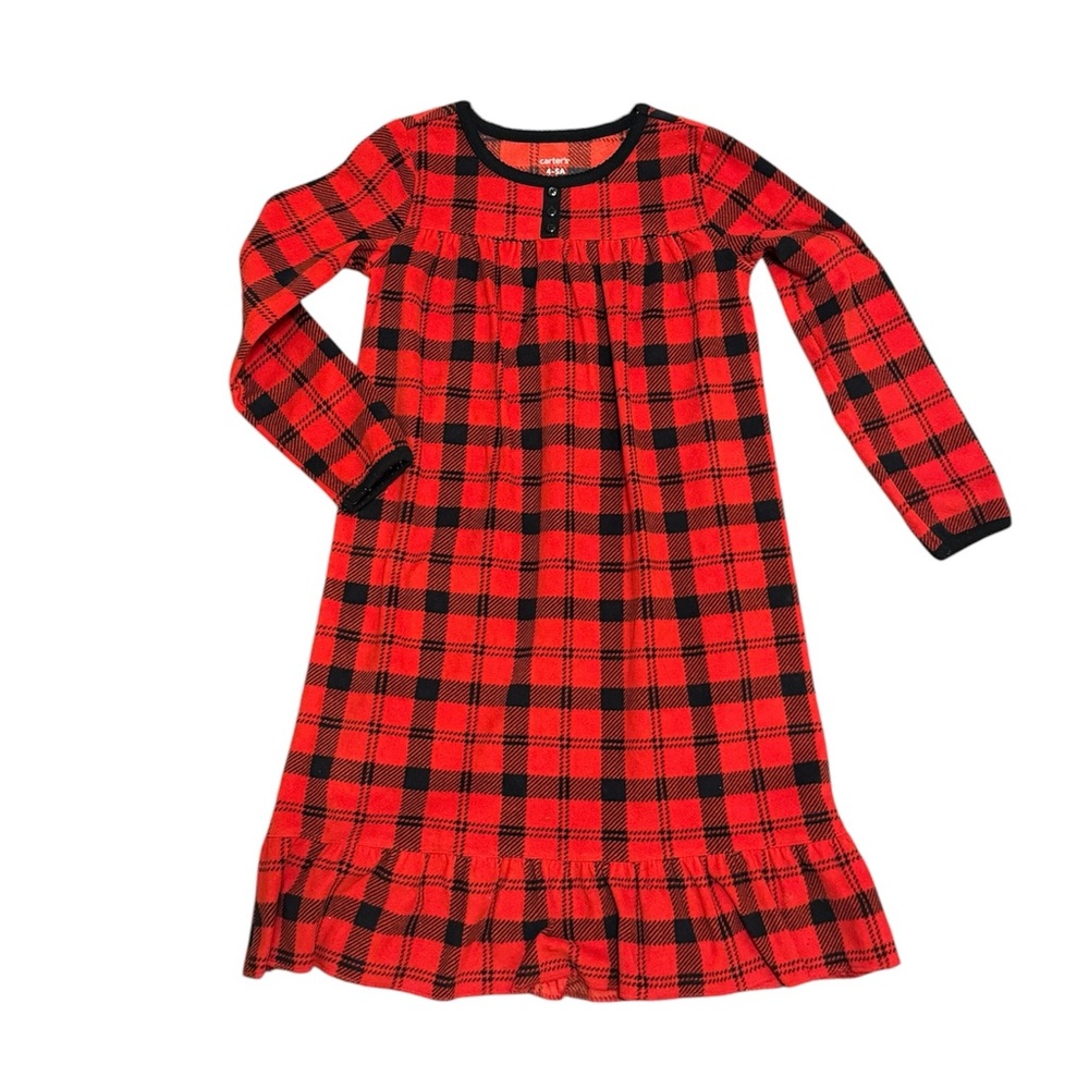 Carter’s Girls Red Black Buffalo Plaid Fleece Nightgown Size XS 4/5